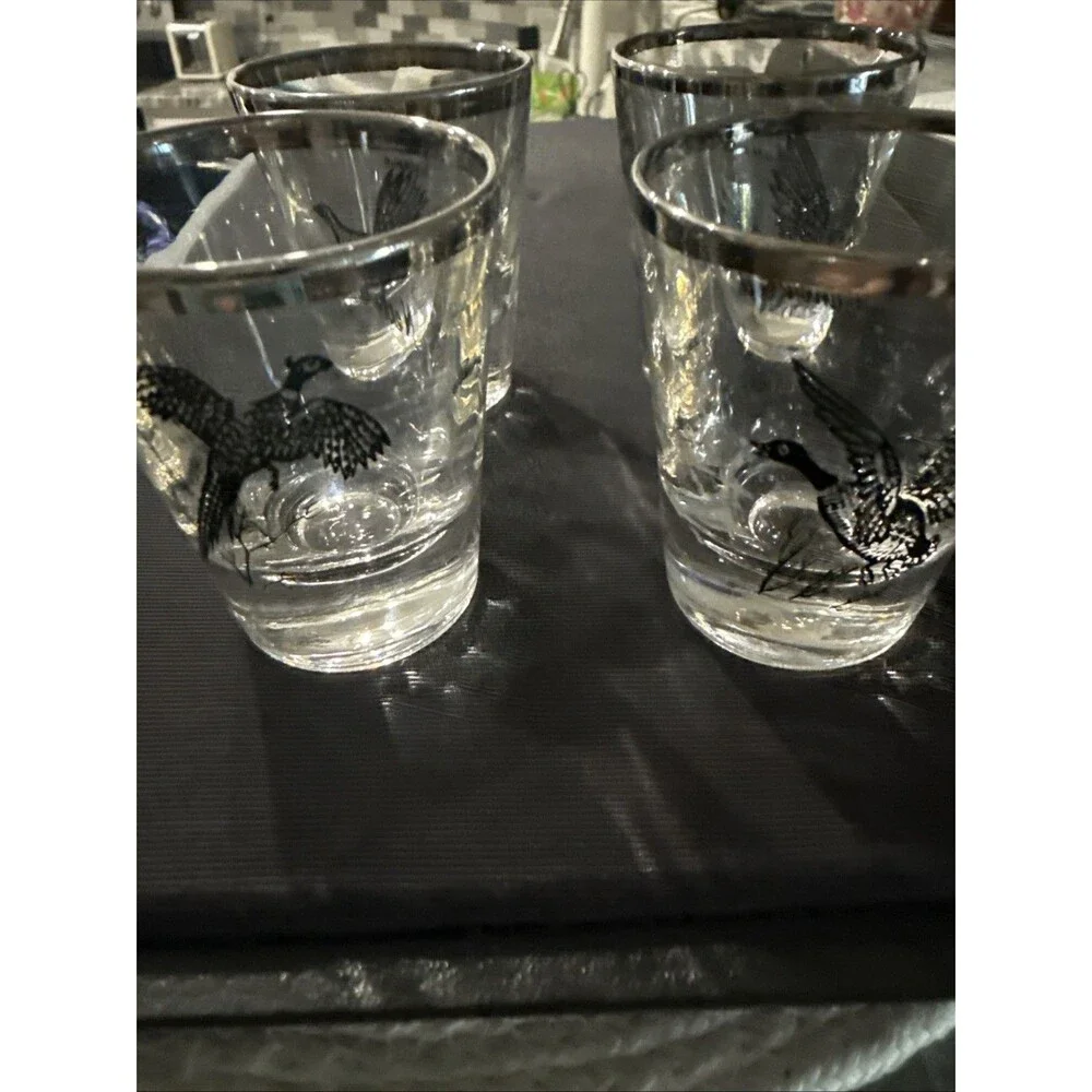 VTG Federal Glass Set 4 Goose, Pheasant, Grouse, Canvasback Clear/Black/Silver